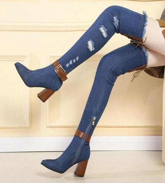 

boots women denim jean boot ladies shoes over knee zipper thigh high square heel buckle a6212 jyboots5363918, Black
