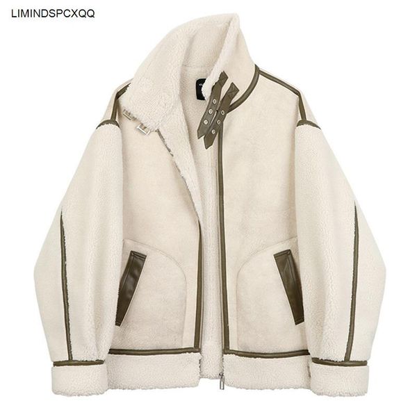 

fur winter lambs wool splicing pu leather jacket women fur collar warm thick stand collar faux lamb loose leather coat, Black