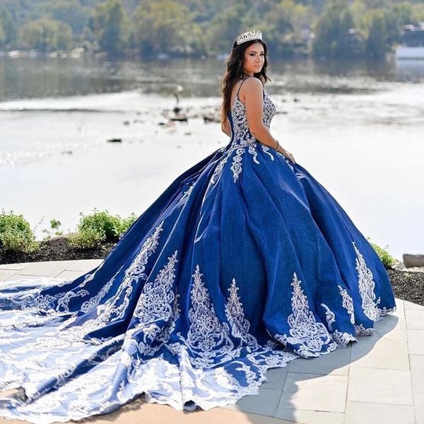 

spaghetti strap beaded quinceanera dresses navy blue cathedral train princess corset appliques lace vestidos de 15 anos, White