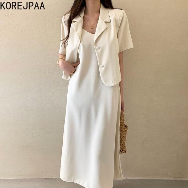 

dress korejpaa french elegant dress set women korean fashion turndown collar two buttons short sleeve solid sling dress new, White