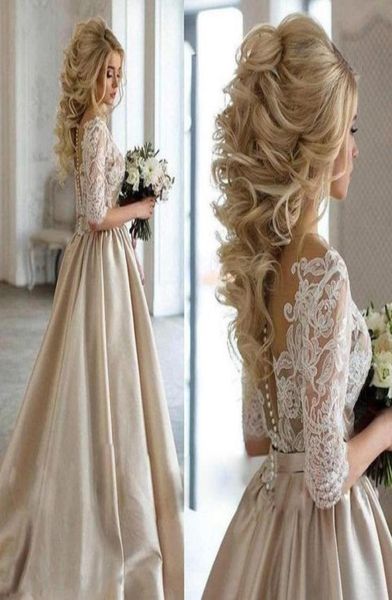 

champagne satin white lace plunging vneck wedding dresses empire waist 2022 half long sleeves ruched vestidos de novia wedding go6466996