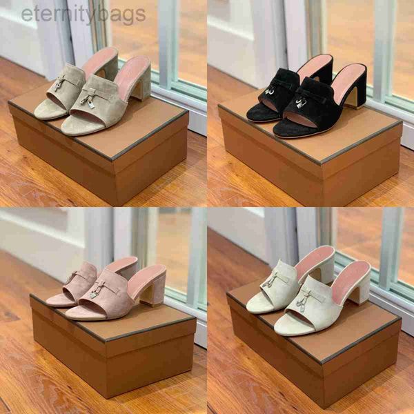 

slippers loro designer piana slipper women high heels suede sandals open toe slides leather casual shoes summer beach flip flops vintage mul, Black