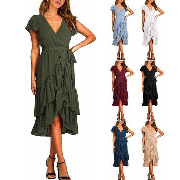 

summer women's new v-neck dot lace up pleated chiffon dress, White