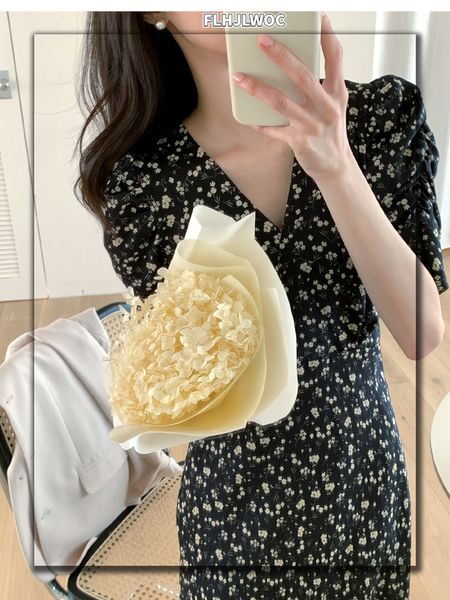 

basic casual dresses chic korean clothes design summer womens short sleeve v neck japan girls cute floral printed retro vintage date long bl, Black;gray