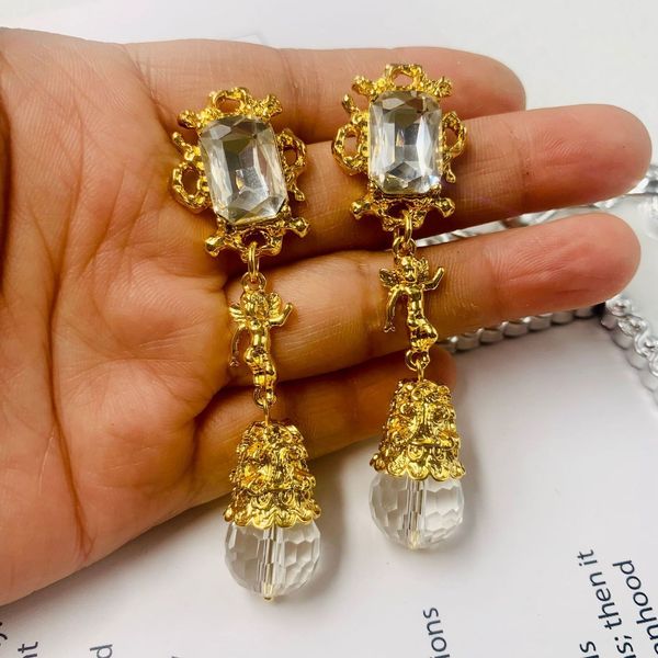 

stud european and american vintage glass cut gold plated angel lava sweeping shoulder earrings 230519, Golden;silver