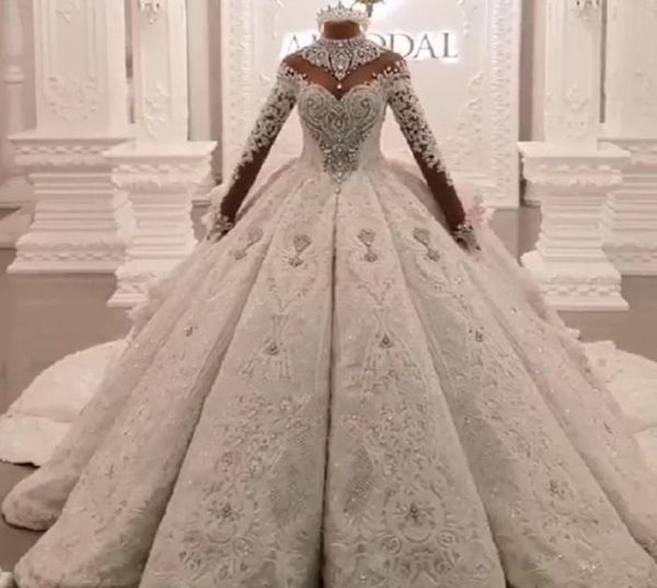 

luxury crystal beaded applique lace ball gown wedding dress high neck sheer long sleeve hollow back vestido de noiva bride dress9420607, White