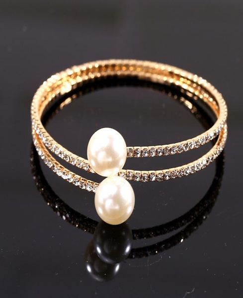 

6styles pearl charm bracelets womens crystal bangle gold silver plated fashion bridal jewelry elegant shiny rhinestone pearl row w2234213, Golden;silver