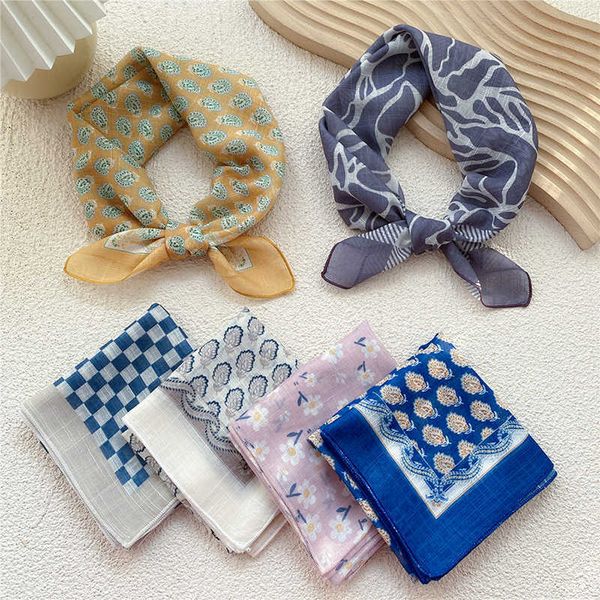 

checkered pattern print scarf cotton linen women girl silk scarf all-match bandana handkerchief shawl spring summer headscarf g220513, Blue;gray