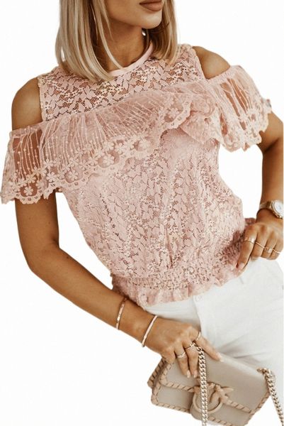 

pink lace cold shoulder short sleeve 2023 new v6r8#, White
