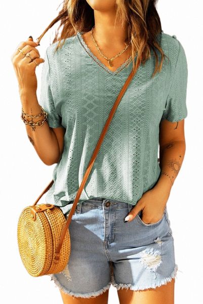 

green v neck lace short sleeve t-shirt 2023 new h2sy#, White