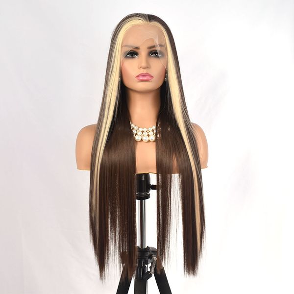 

highlight blonde to brown straight synthetic hair lace front wigs glueless lace wigs with babyhair pre plucked fiber cosplay, Black