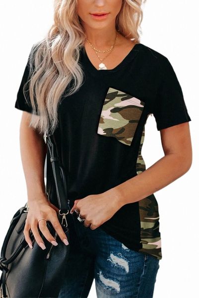 

black women's casual camo printed splicing pullover pocket t-shirt b1au#, White