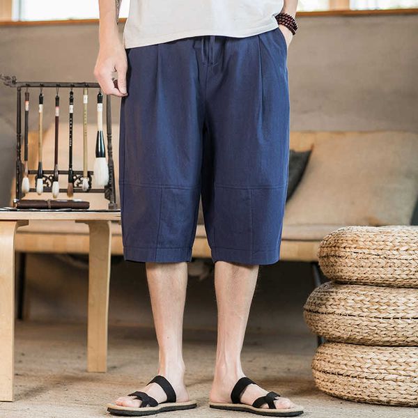 

men's shorts summer new men's wear chinese style loose breathable casual pants cotton linen wide leg lantern cross, White;black