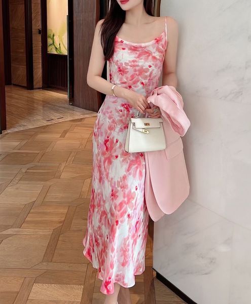 

women's dress pink floral printed slash neck sleeveless gathered waist camisole dress, White;black