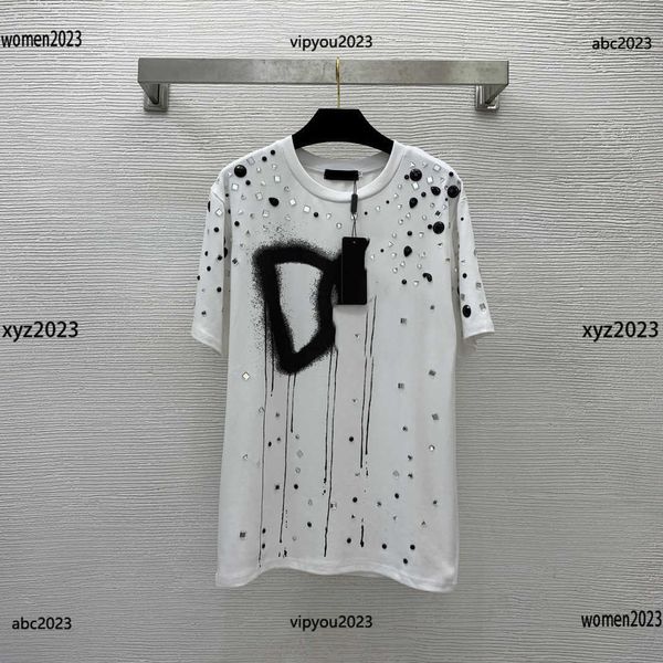 

luxury woman t-shirt diamond letter graffiti print short sleeve girl tees loose fit t shirt, White