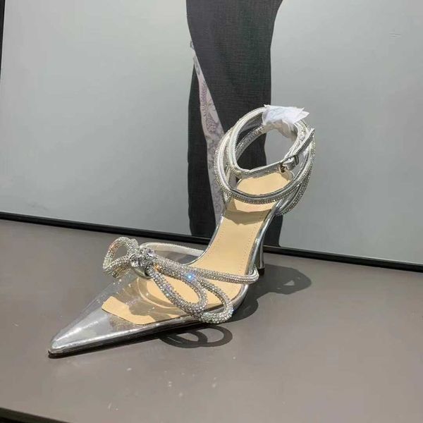 

2023 spring new rhinestone bow tie thin heel baotou sandals with fairy style strap celebrity high heels, Black