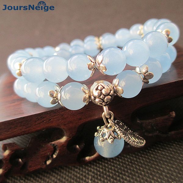 

chain joursneige blue crystal bracelets 8mm round bead lucky tibetan silver leaf pendant bracelet for women multilayer jewelry 230519, Black