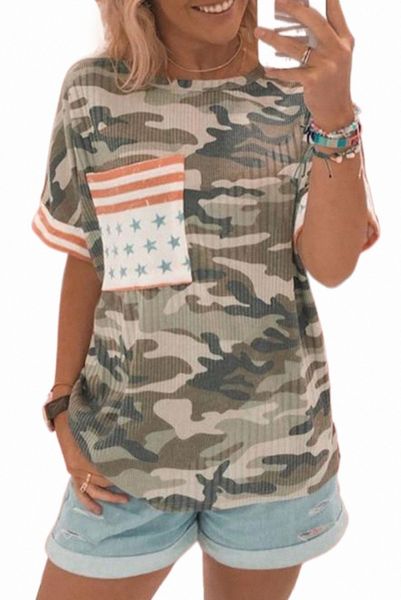 

green flag pocket ribbed camo print t-shirt 2023 new y0af#, White
