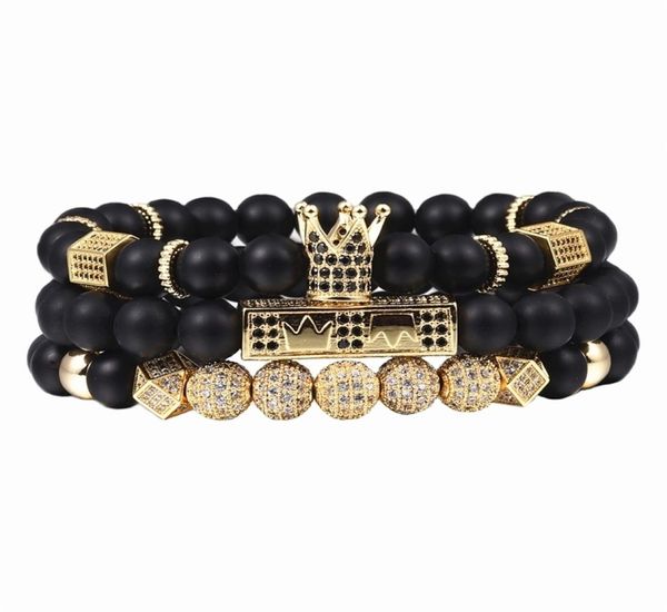 

3pcsset men woman bead bracelet royal crown charm bangle natural beads buddha bracelet for women and mens pulseras masculina y2007204413, Black