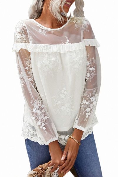 

white solid color crewneck lace mesh ruffle j0or#