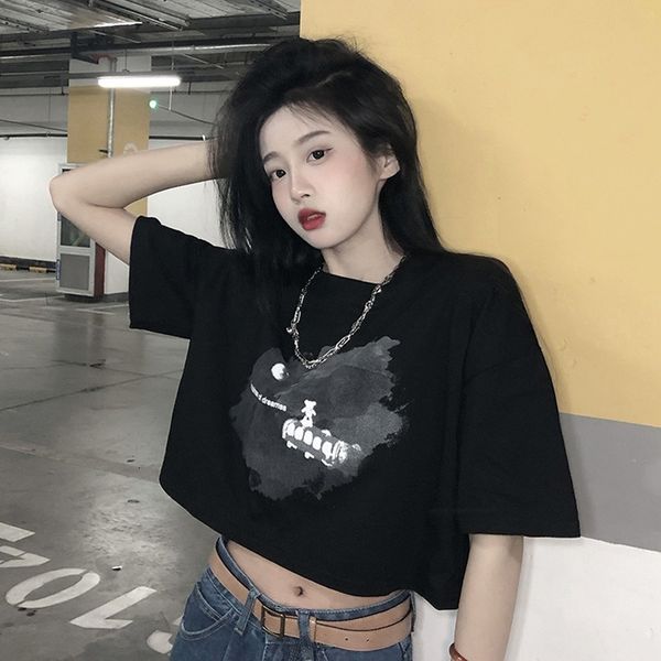 

womens tshirt oversized shirt funny y2k women crop casual black femme navel tshirt o neck short loose tee summer streetwear 230519, White
