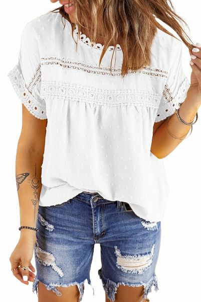 

white swiss dot lace splicing short sleeve u0ib#