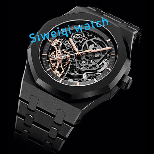 

mens watch black skeleton men automatic mechanical watch men watches diver sport steel strap movement wristwatch montre de luxe, Slivery;brown