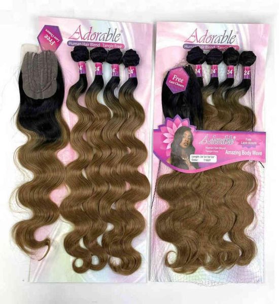

adorable full packet solution synthetic hair bundles with 44 machine made closure ombre color t1b27 amazing body wave 4pcs h8362009, Black