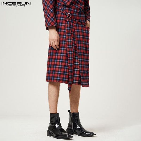 

pants incerun 2023 american style new men's retro plaid pattern half length culottes fashion irregular plaid 6 part skirt pants s5xl, Black