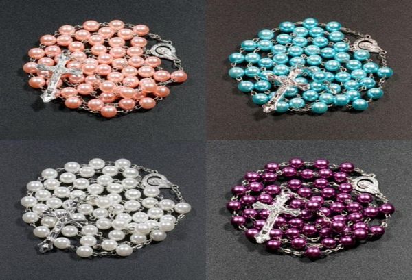 

7 colors religious catholic rosary necklaces jesus cross pendant long 8mm bead chains for women men christian jewelry gift 88 k24254171, Silver