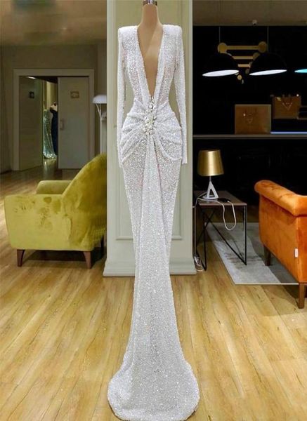 

2020 glitter white sequins mermaid evening dresses wear deep v neck crystal long sleeves sequined ruched waist party gowns custom 8297566, Black;red
