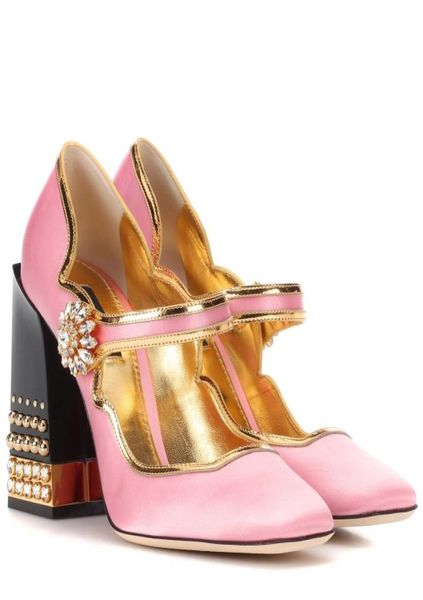 

2019 satin leather chunky high heels gold bordered diamond round toes colourful diamond pumps dress shoes party wedd5559565, Black