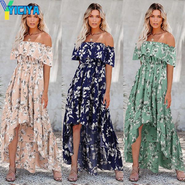 

yiciya women vintage floral printed spring summer boho beach dresses off shoulder half sleeve split dress slash neck robe femme wholesale, Black;gray