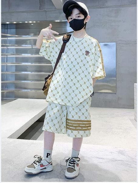 

2023bb new arrivals summer boys clothing sets t-shirt + shorts two pieces cotton printed bletters big kids boys clothes suit 5-14 years old, White