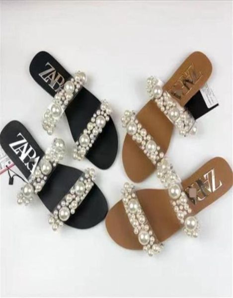 

zar summer new women039s slippers pearl inlaid transparent sandals flat shoes red sandals3455554, Black