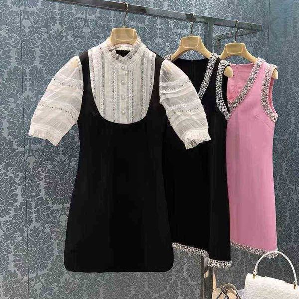 

basic & casual dresses designer heavy industry dress manual stand collar nail bead studded temperament short sleeve light extravagant skirt, Black;gray