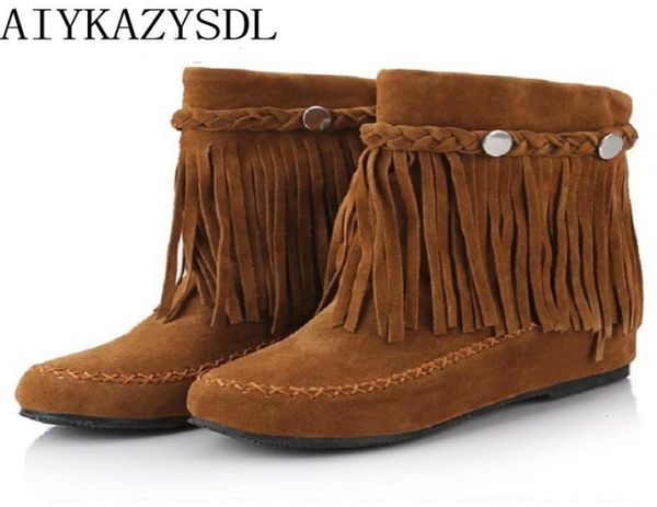 

boots aiykazysdl bohemian gypsy boho ethnic national women tassel fringe faux suede leather ankle boots woman girl flat shoes boot8952814, Black