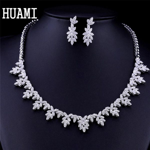 

necklace huami jewelry for women necklace earrings sets bridal wedding silver color cubic zirconia collares para mujer oorbellen lady
