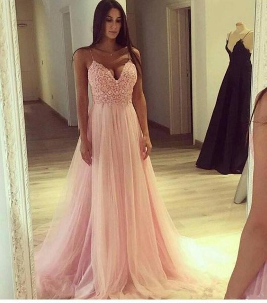 

2019 new elegant blush pink long tulle prom dresses lace spaghetti straps vneck a line formal evening party gowns vestidos de fie8981037, Black