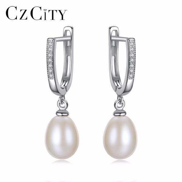 

huggie czcity fashion 925 sterlingsilver 89mm natural pearl clip on earrings for women elegant dangle hanging earrings fine jewelry, Golden;silver
