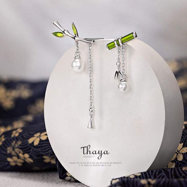 

stud thaya enamel women earring green bamboo earring dangle with pearl retro cute earrings for women silver earring fashion jewelry, Golden;silver