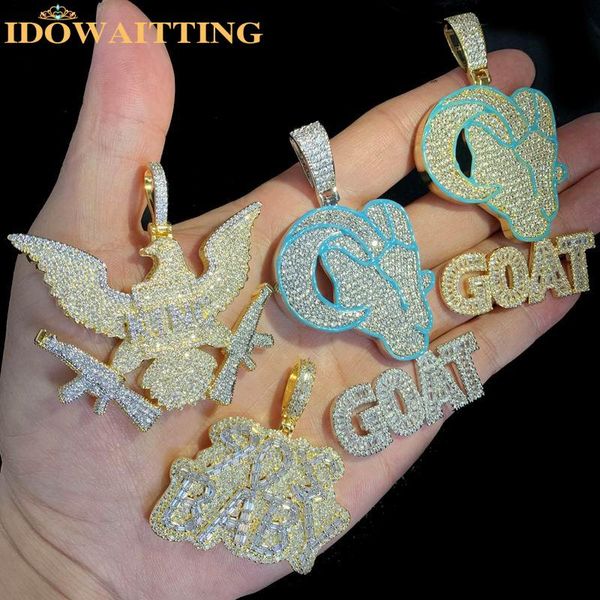 

necklaces hip hop cute animal goat head pendant necklace bling 5a cz paved iced out rhodium gold plated blue enamel jewelry for men boy, Silver