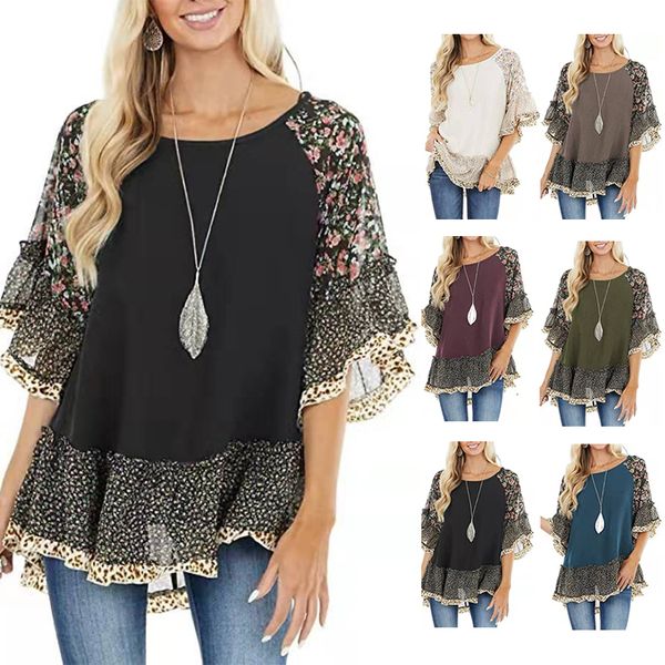 

women's blouses shirts vintage floral chiffon shirt women summer o neck loose pullover casual halfsleeved ladies blouse shirt 230520, White