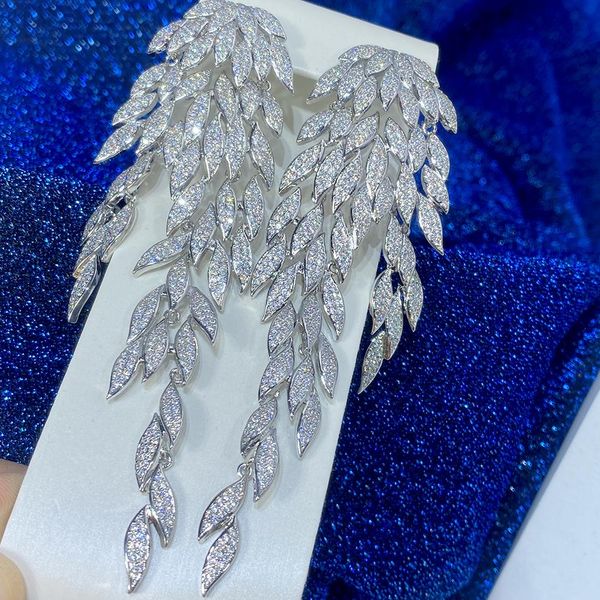 

knot luxury exaggerated big feather pendant earrings for women wedding full micro cubic zircon high jewelry dubai bridal earrings, Silver