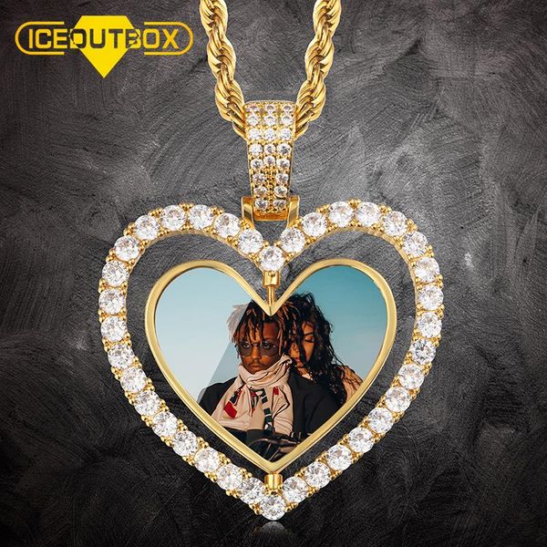 

necklaces hollow heart custom ps rotating doubleside memory medallion solid pendant necklace zircon tennis women men hip hop jewelry, Silver