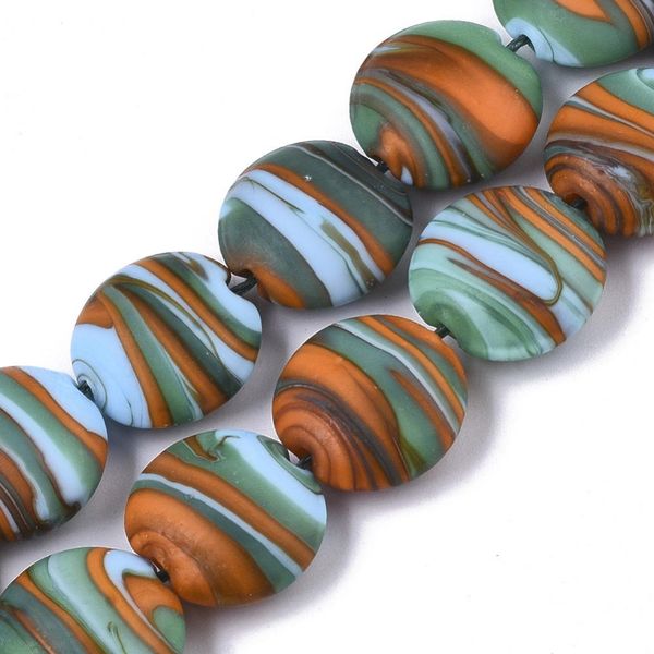 

crystal about 35pcs/strand handmade frosted lampwork stripe beads strands flat round colorful bead 15~16mm hole 1.2mm