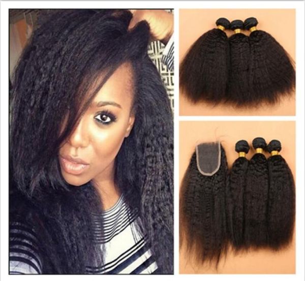 

7a mongolian kinky straight human hair with lace closure 4pcs lot mongolian italian coarse yaki hair weave bundles 3pcs with closu8008376, Black