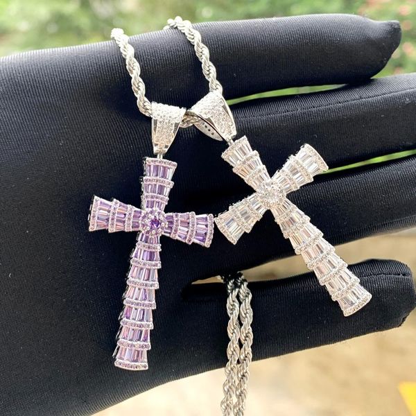 

necklaces full paved baguette cubic zirconia iced out bling men jewelry new spinning double sided white purple cz cross pendant necklace, Silver