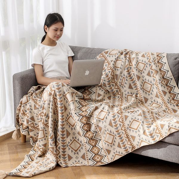 

Simple knitted wool Bohemian tapestry acrylic nap winter decoration sofa cover blanket, Beige