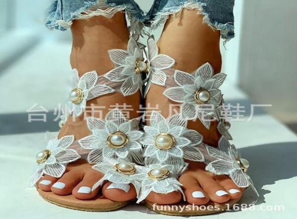 

women artisanal sandals summer women039s floral pearl flat toe ring beach shoes dress sweet ladies sandalias4953583, Black